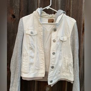 American Eagle White and Gray Denim Jacket with Hood